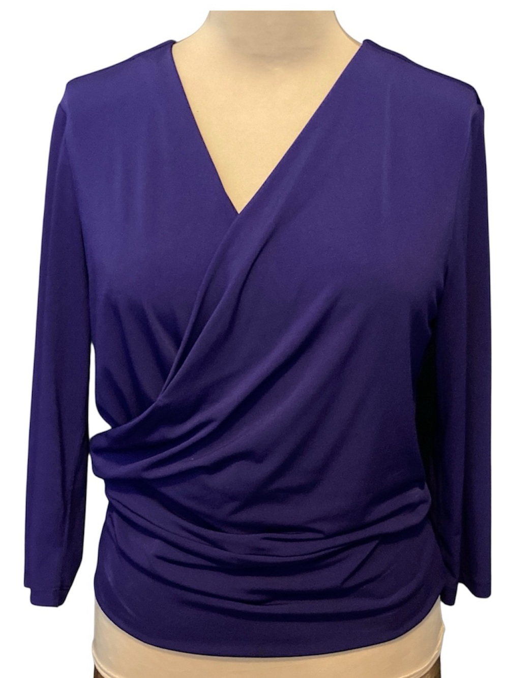 Purple Stretch Wrap-Style V-Neck Top with 3/4 Length Sleeves by Ellen Tracy